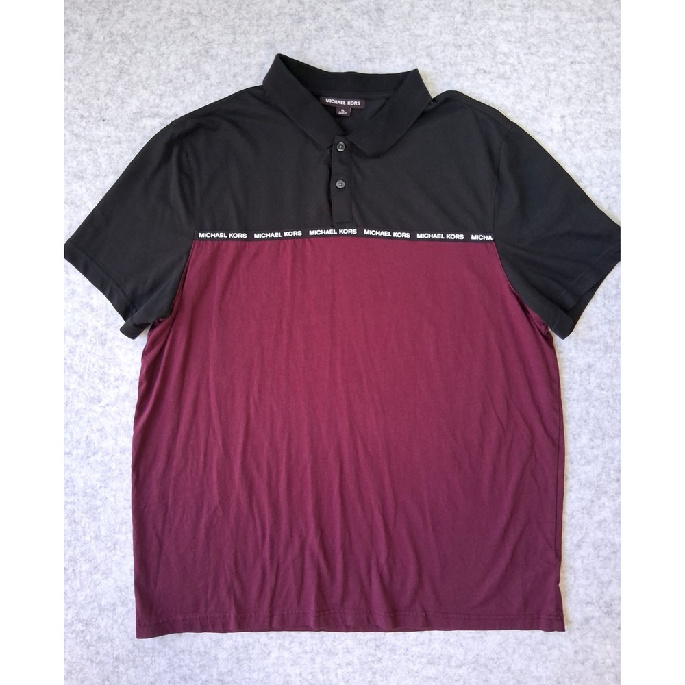 Michael Kors XL Men Polo Shirt Black Burgundy Colorblock Logo Tape 100% Cotton